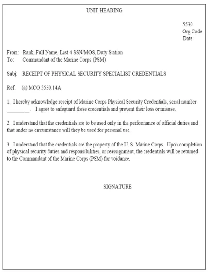 Figure 2-3.—Example Acknowledgement of Receipt of  Physical Security Credentials 