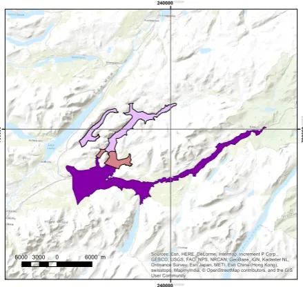 Fig. 8. Map representation of a series of ice-dammed lakes (in purplehues) in Glen Spean, Glen Roy and Glen Gloy, Scotland