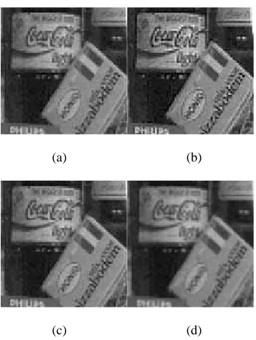 Figure 2.2: Nonuniform interpolation SR reconstruction results by (a)nearest neighbor interpolation, (b) (c)                                   (d) bilinear interpolation, (c) nonuniform interpolation using four LR images, and (d) debluring part (c) [2]
