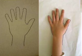 Figure 1, Radiolucent hand template (with and without hand). 