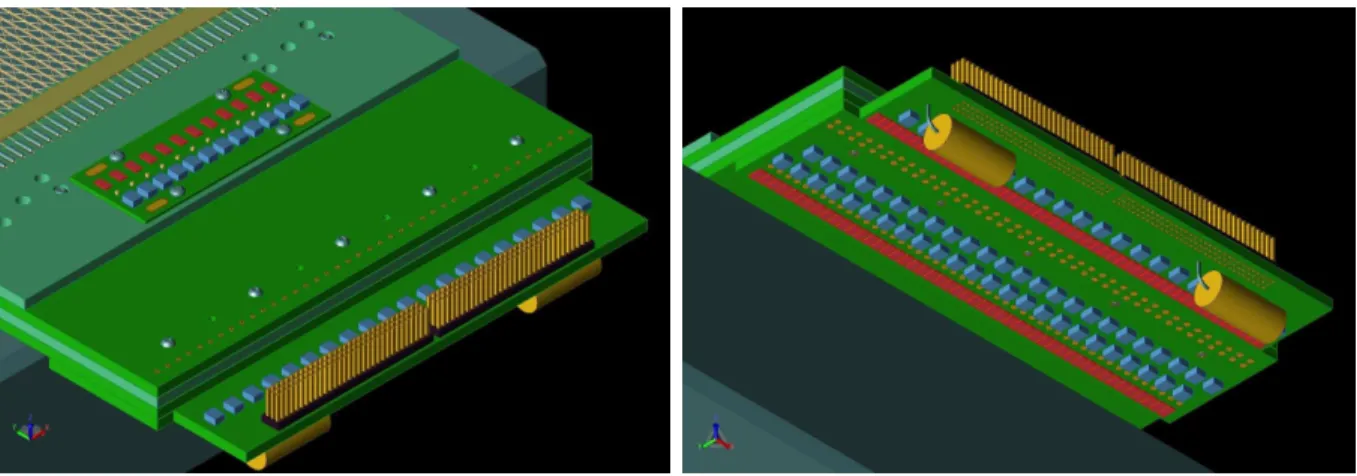 Figure 2.6: Left: View of the APA wire board stack, as seen from the top/side. The wire board layers can be seen at the bottom-left of the illustration, X on the bottom (it doesn’t go all the way back, but extends farther forward and has the main CR board 