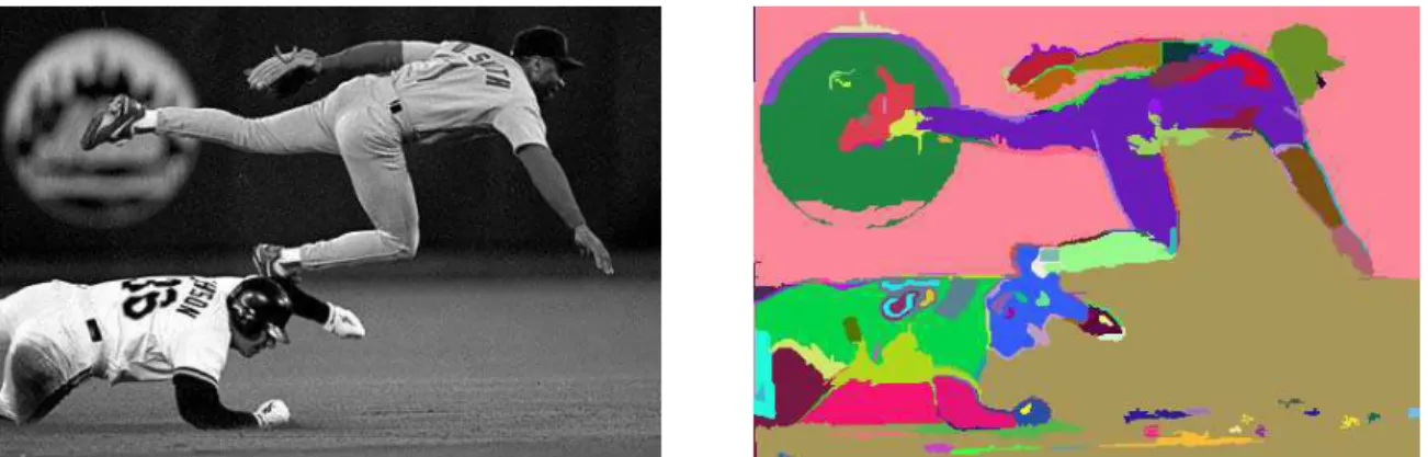 Figure 3.5: A baseball scene (432×294 grey image), and the segmentation results (σ = 0.8, k = 300) [11].