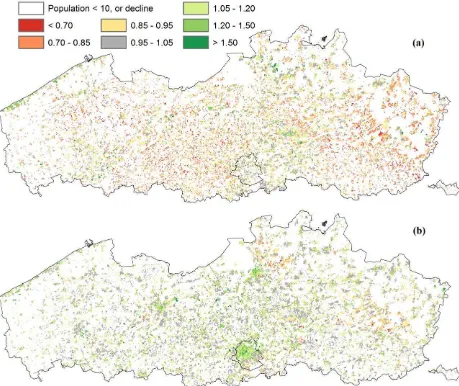 Figure 4. Densification index maps (300 m resolution) for cells with a growing population and a minimum of 10 inhabitants for the periods (a) 1986 – 2001, and (b) 2001 – 2013