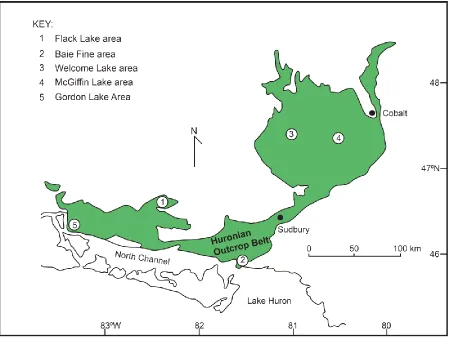 Figure 2.3: Outcrop areas of the Bar River Formation within the Huronian outcrop belt (Modified from Rust and Shields, 1987)