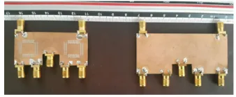 Figure 6. The results of the miniaturized structure S-parameters, (a) magnitude simulation results,(b) magnitude measurement results, (c) phase simulation results, (d) phase measurement results,(e) isolation between ports.