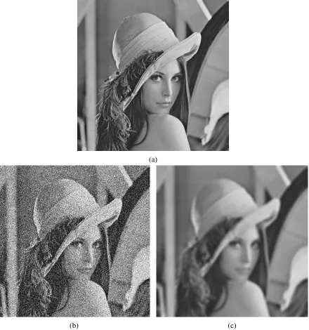 Figure 2.6: Performance of Non-Local Means (a) Original Lena image. (b) AWGN added withσ = 60 (PSNR=12.57) (c) Non-Local Means denoised image (PSNR=27.25)