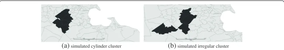 Figure 5 Spatial geometries of simulated clusters. The compact cluster (a) has 6 ZIP codes and the irregular cluster (b) has 5 ZIP codes.