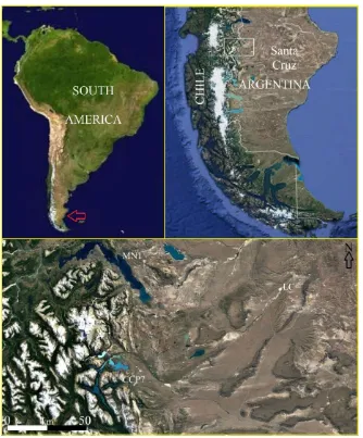 Figure 1. Map of South America and the location of Santa Cruz province and XII region in Argentina and Chile, respectively, in southern Patagonia