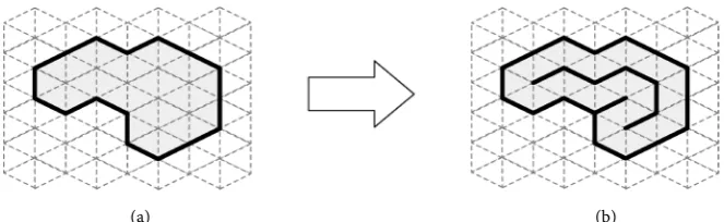 Figure 1. The Hamiltonian cycle problem on a regular triangular mesh. (a) A region in a regular triangular lattice; (b) A Hamiltonian cycle through the region