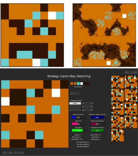 Figure 4: Sentient Sketchbook, a MICI game map generator: the designer creates a low-detail map, the AI evaluates its playability and evolutionarily generates better alternative suggestions, which the designer can then choose and modify