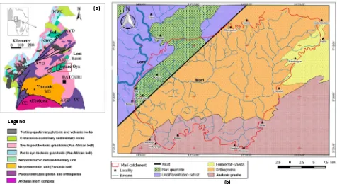 Figure 2. Geological map of Cameroon (modified after [10] [21]; (b) Regional geological map of Bétaré-Oya (modified after [15]))