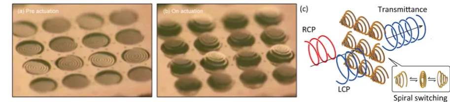 Figure 11. MEMS spirals [96] (a): microphotograph in the pre-actuation state, (b) microphotograph in the on-actuation state, and (c) illustration of THz polarization modulator operation
