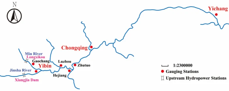 Figure 1. Figure 1. Site map of Yangtze River reach, key gauging stations and upstream hydropower stations.Site map of Yangtze River reach, key gauging stations and upstream hydropower stations