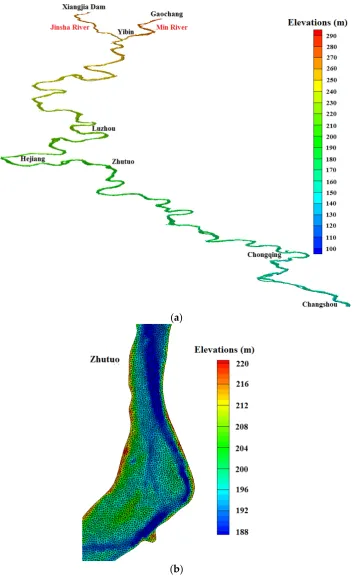 Figure 2. (a) Topographic map of computational area; and (b) mesh distributions of Zhutuo gauging b) mesh distributions of Zhutuostation