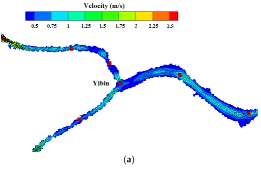 Figure 4. Measured and computed base water levels along the studied river reach, with blue lines 