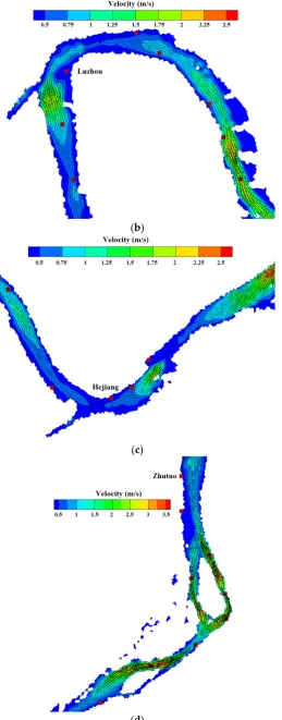 Figure 5.Figure 5. Computed flow velocity field on key site along the studied river reach, with red squares indicating the nearby gauging stations: ( Computed ﬂow velocity ﬁeld on key site along the studied river reach, with red squaresindicating the nearb