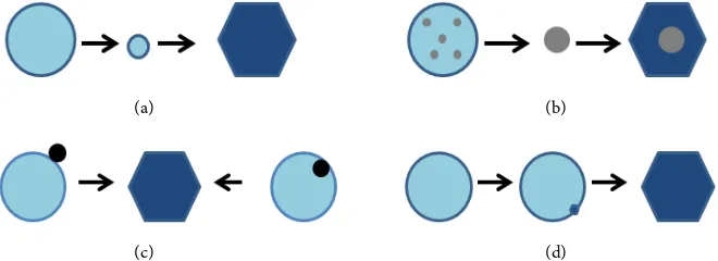 Figure 1. A schematic view of the water nucleation processes suggested to clarify the dis-mogeneous ice nucleation process (pure water or solution droplets) can start on the sur-cle (grey), residual of droplet evaporation; small circle (black), aerosol par