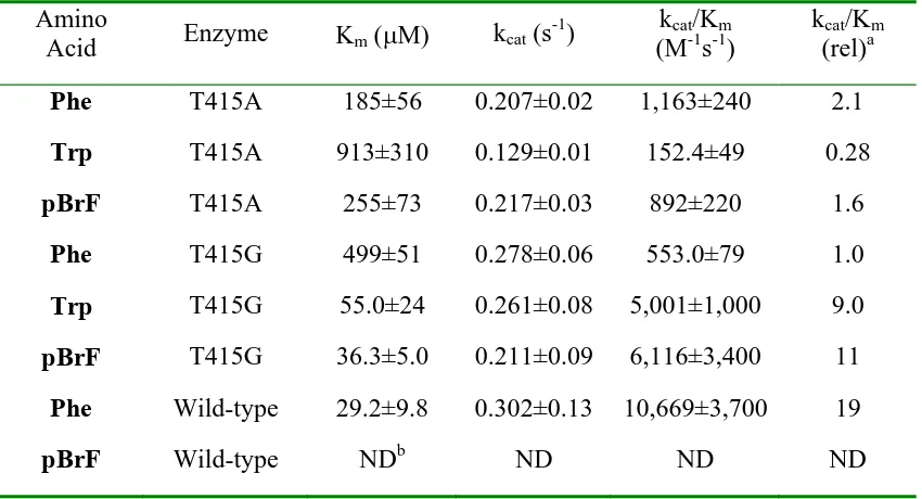 Table 2:  Kinetic parameters for ATP-PPi exchange of amino acids by the wild-type 