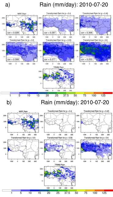 Figure 8. (a) 24-h accumulated spatial distribution rainfall amount: 20-07-2010. (b) Same as (a) but the climatological mean has been removed