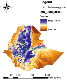 Figure 1. Study area map (Ethiopia) and spatial distribution of selected me-teorological stations