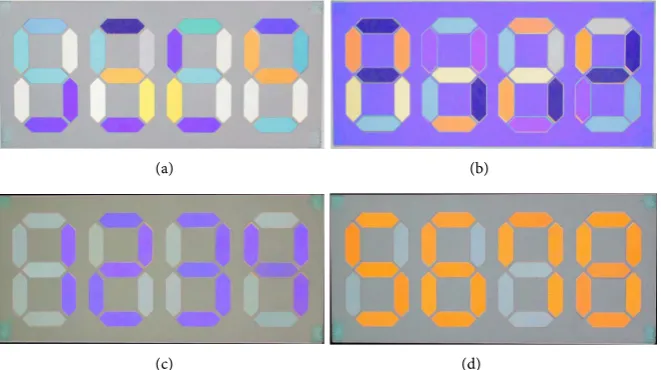 Figure 6. Polarization color visual cryptography with stacking order dependence. (a) Share 1; (b) Share 2; (c) Decoded image 1; (d) Decoded image 2