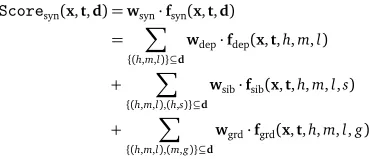 Table 1: Brief illustration of the syntactic features. b is an index between h and m. dir(i, j)and dist(i, j) denote the direction and distance of the dependency (i, j)