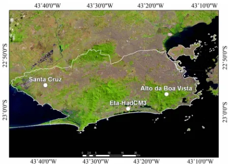 Figure 1. Map of the city of Rio de Janeiro (city border in white) showing the location of Alto da Boa Vista and Santa Cruz stations and the Eta-HadCM3 model grid point