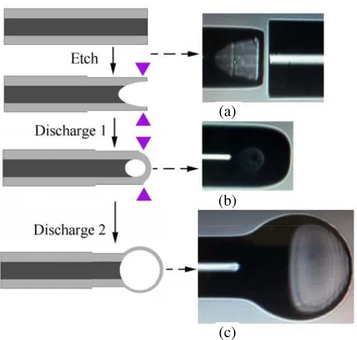 Figure 1. The schematic diagram of the fabrication process of the ﬁber-tip FPI. Inset (a) multimodeﬁber after 15 min of chemical etching compared to the ﬁber without any processing