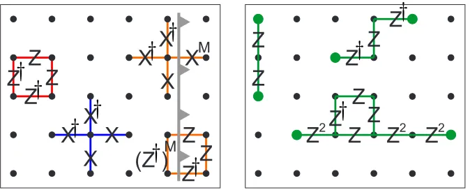 Figure 2.1: (a) Star operator Adefect line is shown as a thick gray line traversing the lattice, with the modiﬁed starand plaquette operators near such a line in orange