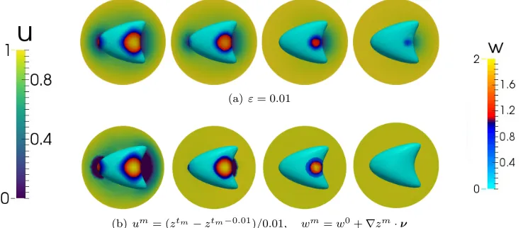Fig. 8the initial data. Simulation results of section 10.4. Snapshots of the computed solution   Z together with W 0 of the elliptic variational inequality (9.6) at times 0.05, 0.2, 0.4, and 0.6 reading 