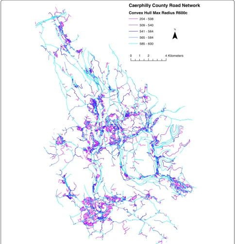 Figure 5 Maximum convex hull radius in metres for links of caerphilly county borough itn road network.distance in metres, as the crow flies, obtainable from the angular centre of each link by traversing 600 m along the road network