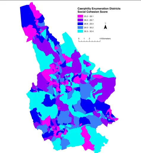 Figure 2 Social cohesion scores for caerphilly county borough enumeration districts. Legend class boundaries are set by quintile