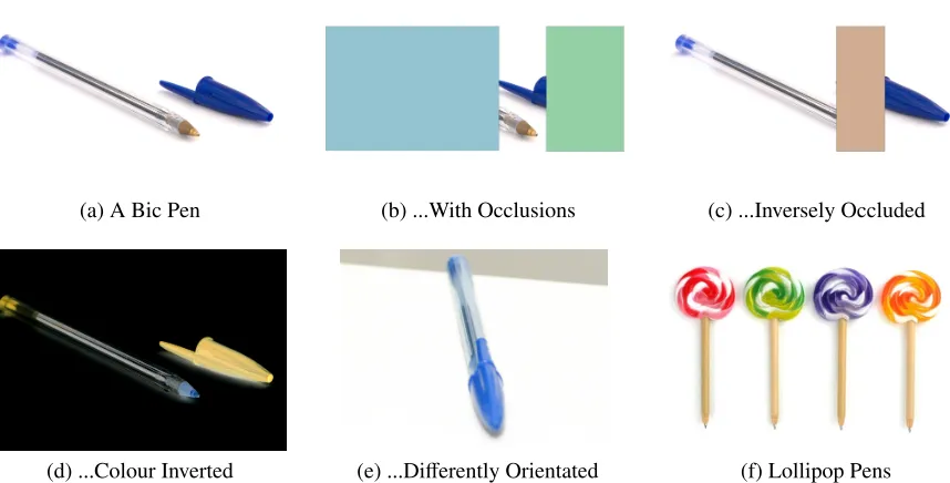 Figure 4.1: Despite a wide variation in visual information, humans are able to easily identify apen, despite the fact that much of the visual information might be conﬂicting as seen in Figure4.1f