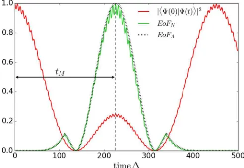 FIG. 2. Fidelity of the initial state |Nanalytically obtained EOFand numerically calculated EOF =�(0)⟩ [red (dark gray) proﬁle]N [green (light gray) proﬁle] for a 7 ABC spin chain and �/δ = 10