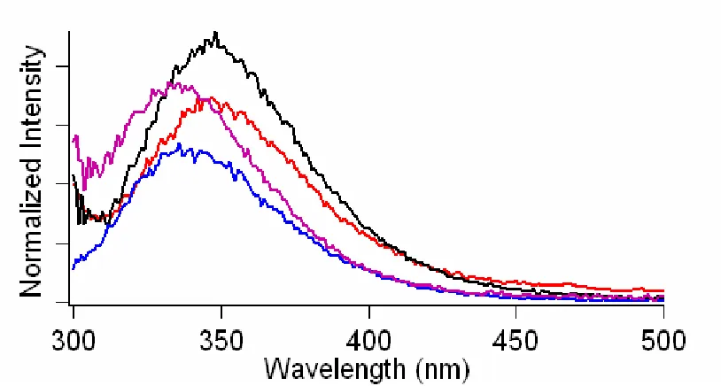 Figure 1.4.  The steady-state fluorescence spectra of W39/Y55 α-syn mutants in the 