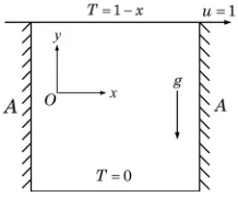 Figure 1. Schematic diagram of square cavity with vertical adiabatic walls for mixed convective heat transfer simulation