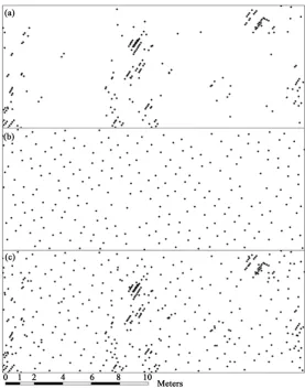 Figure 8. Shown is the LiDAR ground point pattern and distribution across a landscape for the high-density (a) low-density (b) and combined (c) LiDAR datasets