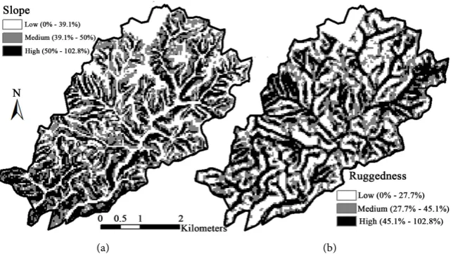 Figure 2. Coarser 36.6-m resolution raster layers showing percent slope (a) and variabili-ty of percent slope, terrain ruggedness (b) across the study area used to create the nine combinations of slope/ruggedness categories in which to locate terrain sampl
