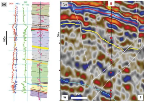 Fig. 5. (a) Schematic section through well B highlighting the main lithological units and the 