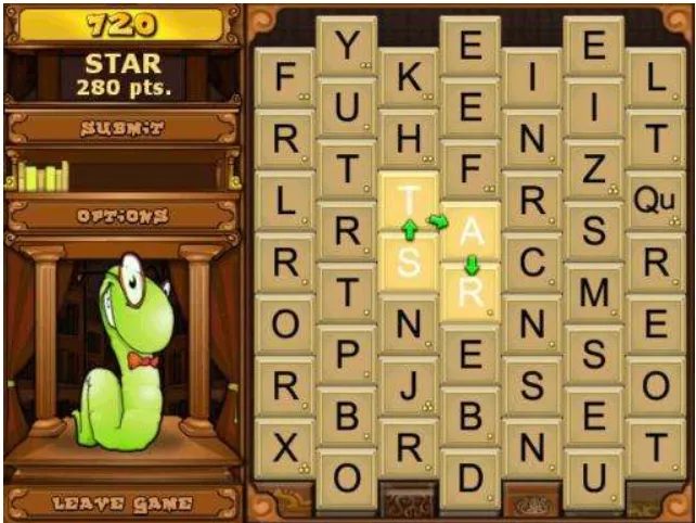Figure 3-3: A game of Bookworm in progress. The player has found and highlighted the word “star” and now just needs to submit it