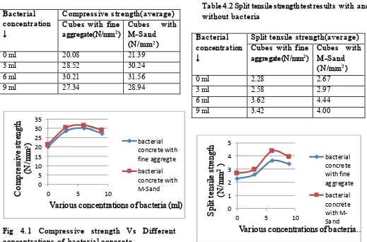 Fig 4.1 Compressive strength Vs Different concentrations of bacterial concrete 