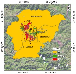 Figure 6The land subsidence vulnerability map for Kathmandu valley is shown in . The evaluation results show that subsidence location L1, L2, L3 L7 and L8 (indicated by red colour in Figure 6) are highly vulnerable areas