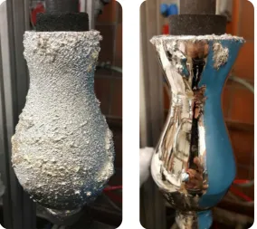 Figure 7. The difference on the crystallization surface between an experiment without (left) and with (right) rotation