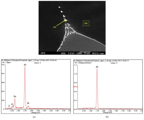 Figure 8. SEM-(top) and EDX-(middle and bottom) pattern of a sample of crystallized Aluminum containing Si and Fe as main impurities, performed via cooled finger methodology