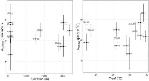 Figure S2.2 Plot average net light-saturated (at 1500 �mol photons m-2 s-1) photosynthetic rate (±standard error) at prevailing air temperature against site elevation and average leaf temperature