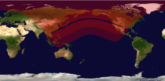 Figure 3.2 The path of annularity over the globe. The dark strip shows the locations from  the Moon moves completely annular in the centre of the Sun, where JVLA site falls in