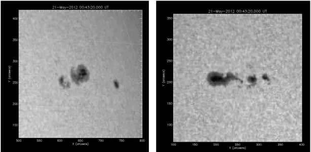 Figure 3.4 Close-ups of and AR 11482 (left panel) and AR 11484 (right panel). These  are oriented with solar north up (i.e., no P angle)
