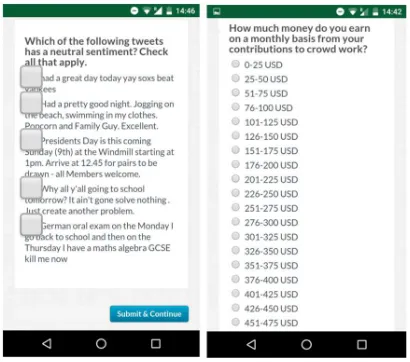 Fig. 1. Left– An interpretation and analysis task with large checkboxes (cb_largeSize); Right– A survey task with manyradio buttons (rb_manyOptions), as rendered on an Android mobile phone and viewed on a Chrome browser.