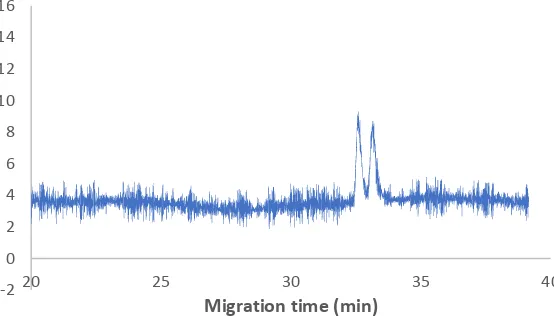Fig. 1. Electropherogram of a free-drug urine sample spiked with S- and R-propranolol at 100 ppb  each enantiomer under extraction and electrophoretic conditions above stated
