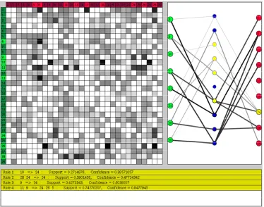 Figure 1. view of the association rules related to a selection of items on the right, and a detailed view of the highlighted rules (related to A screenshot of the SARV system